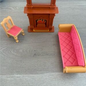 Charming Dollhouse Furniture Set with Pink Sofa and Brown Fireplace
